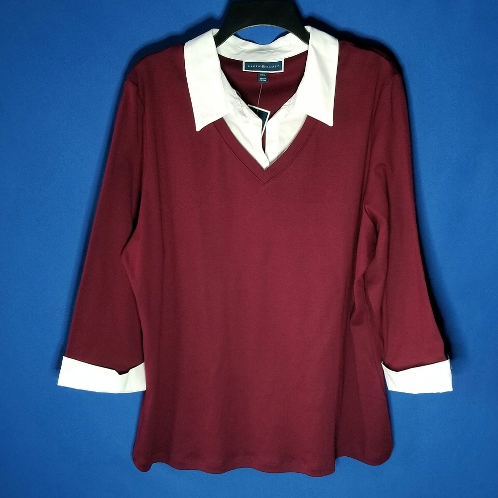 Karen Scott Layered Look Top With 3/4-Length Sleeves Cuffs For A Polished Look